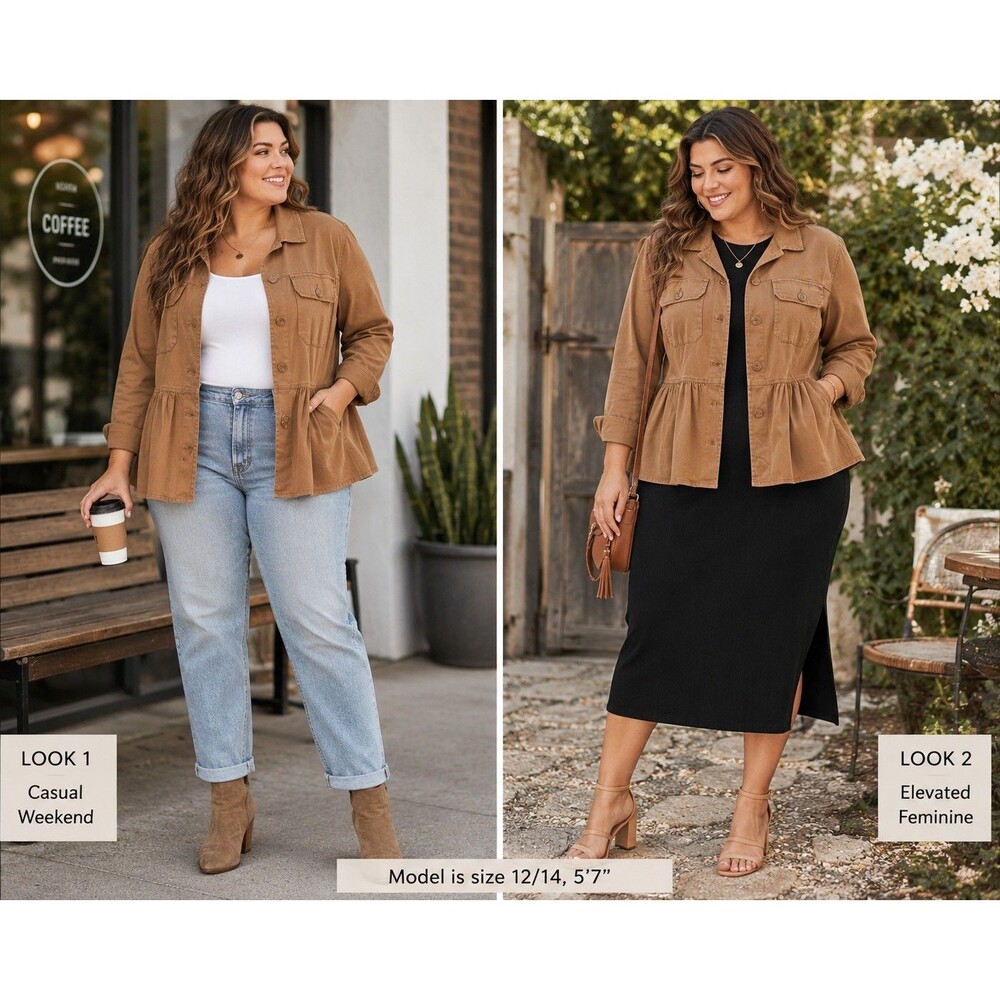 Torrid Peplum Utility Jacket Womens Size 0 Fit 12 14 L XL Twill Brown Shacket